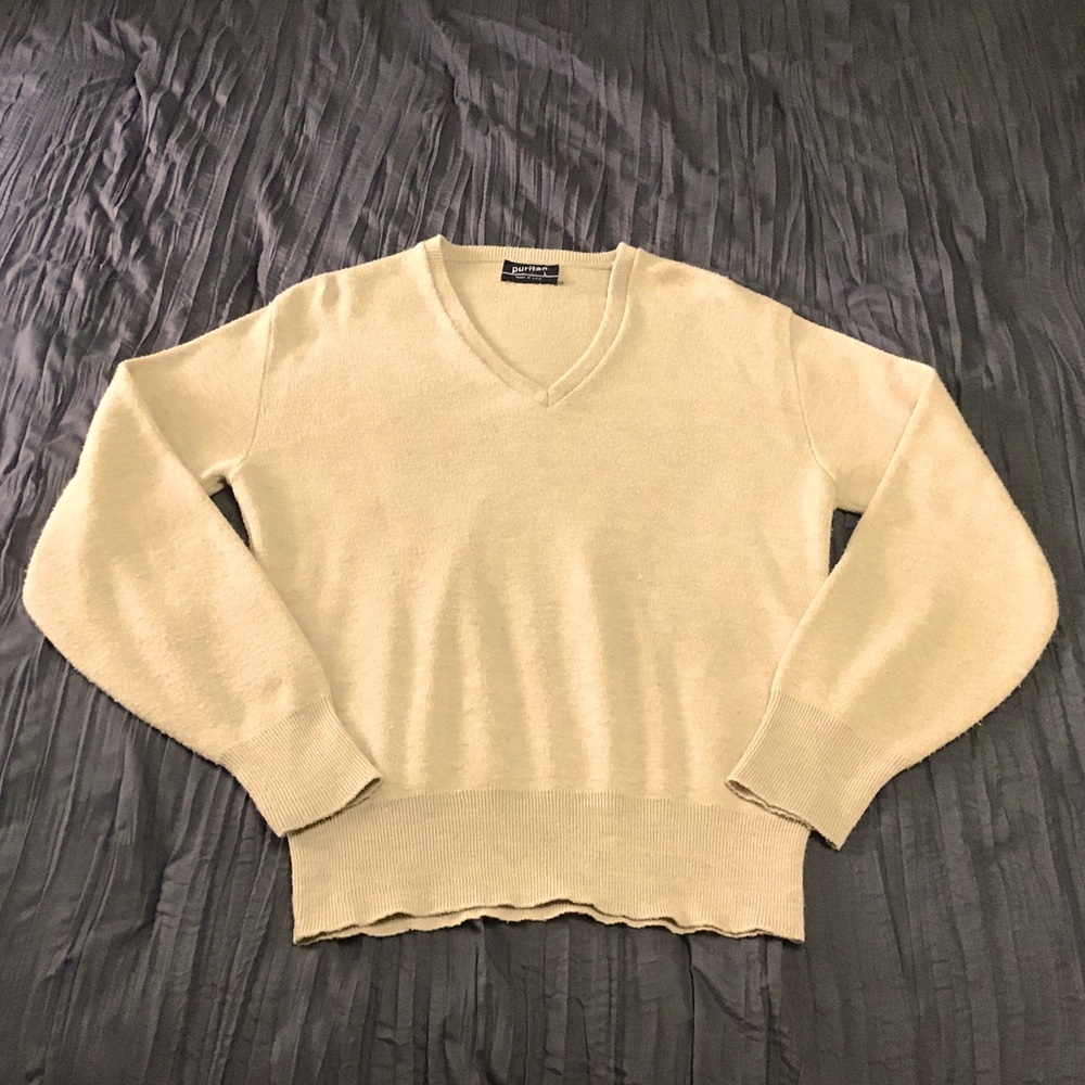 Puritan Men’s Long Sleeve Sweater V Neck Vintage Tan Fall Made in USA Sz Large